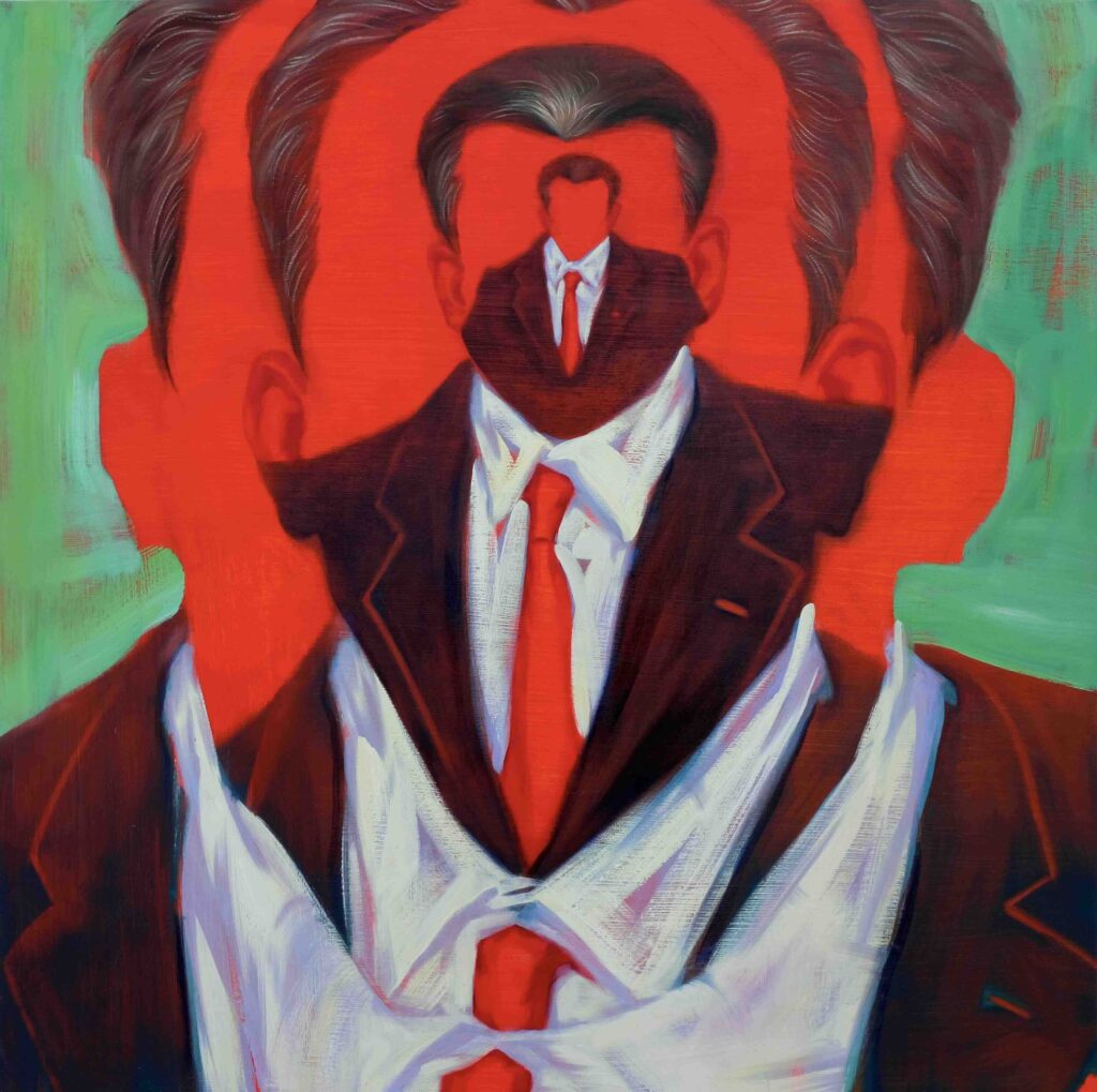 Matryoshka – surreal portrait oil painting on wood panel by Georgian artist Levan Songulashvili, portraying Bidzina Ivanishvili through the lens of a great dictator