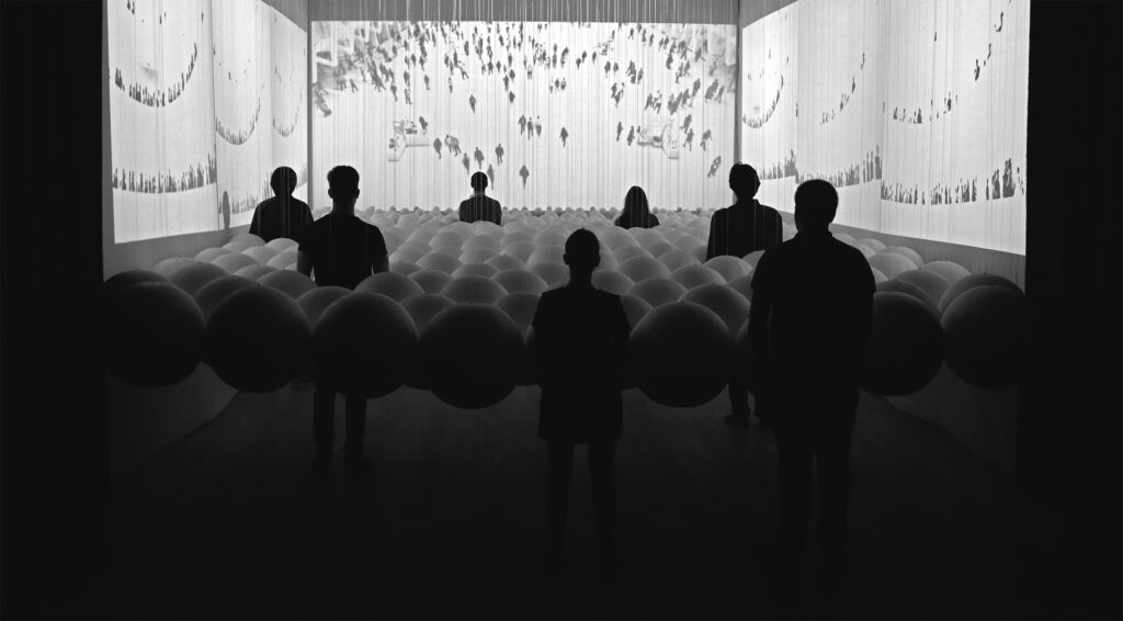 Levan Songulashvili’s art installation The System of Objects, featuring a large-scale immersive arrangement of forms and materials.