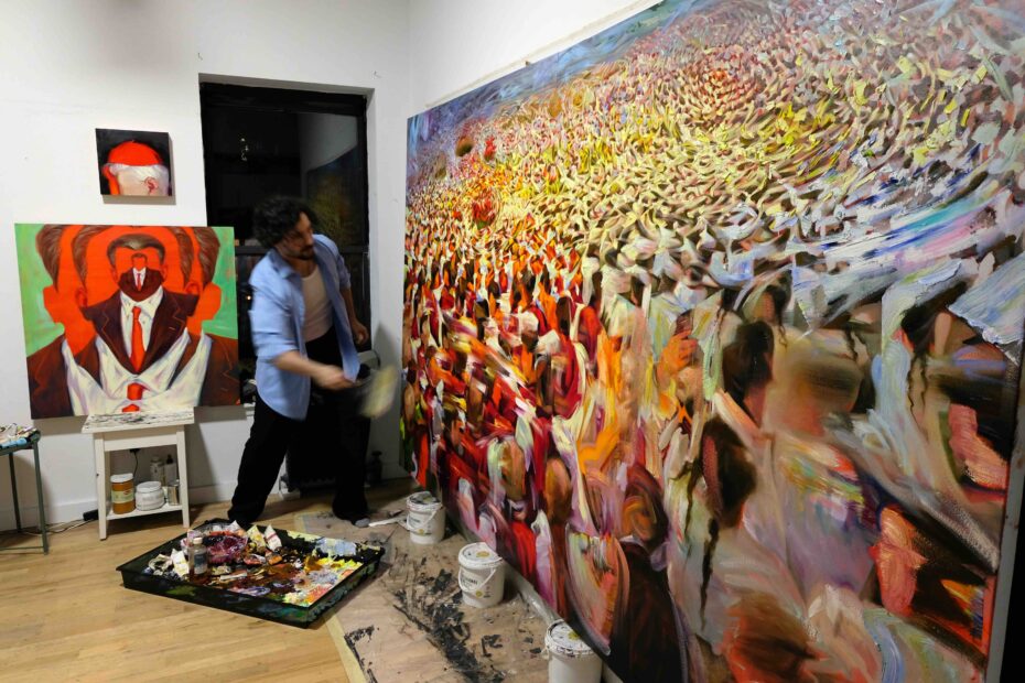 New York-based Georgian artist, Levan Songulashvili, working on abstract expressionist figurative oil painting ‘Limites Incogniti’ in his New York studio.