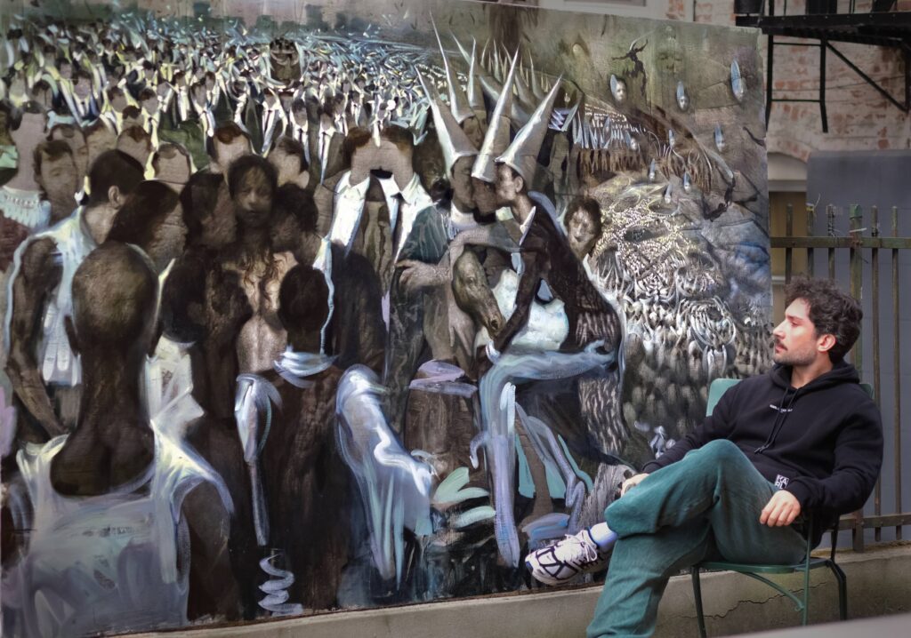 Artist Levan Songulashvili with his painting Oblivion, oil on canvas. The surreal, large-scale artwork depicts abstract human figures symbolizing collective identity, memory, and transformation.