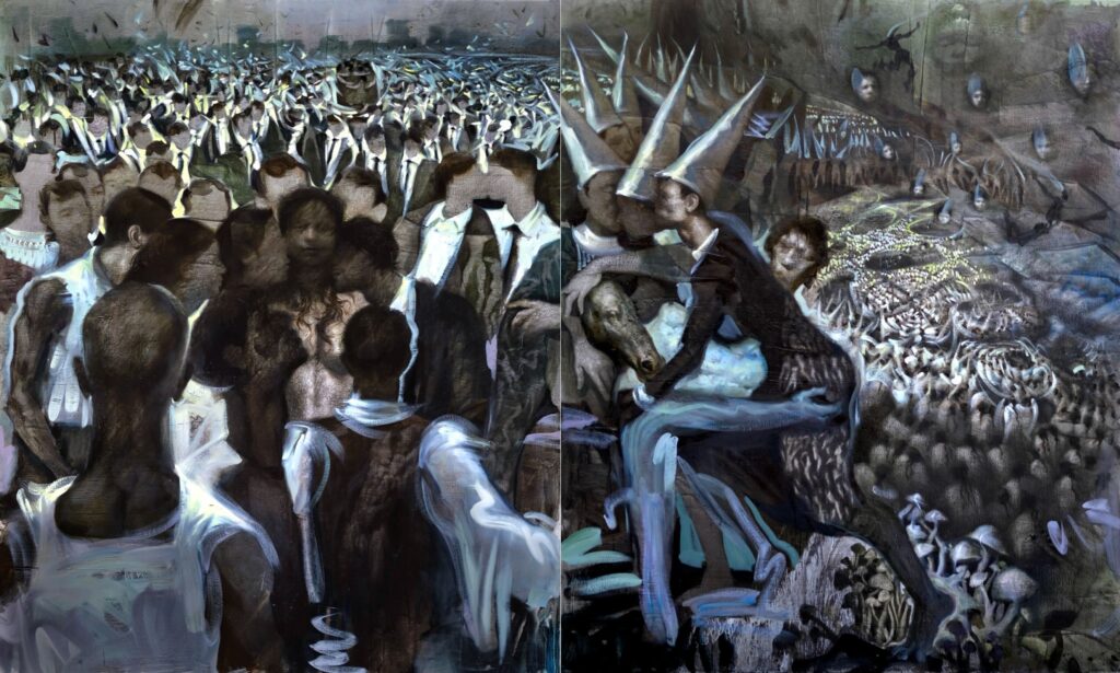 Oblivion by Levan Songulashvili, a monumental surreal oil painting featuring dreamlike figurative forms, dramatic composition, and expressive use of color.