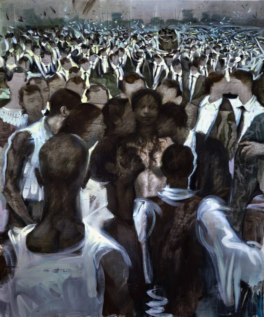 A close-up detail of “Oblivion,” a monumental oil painting by Levan Songulashvili.